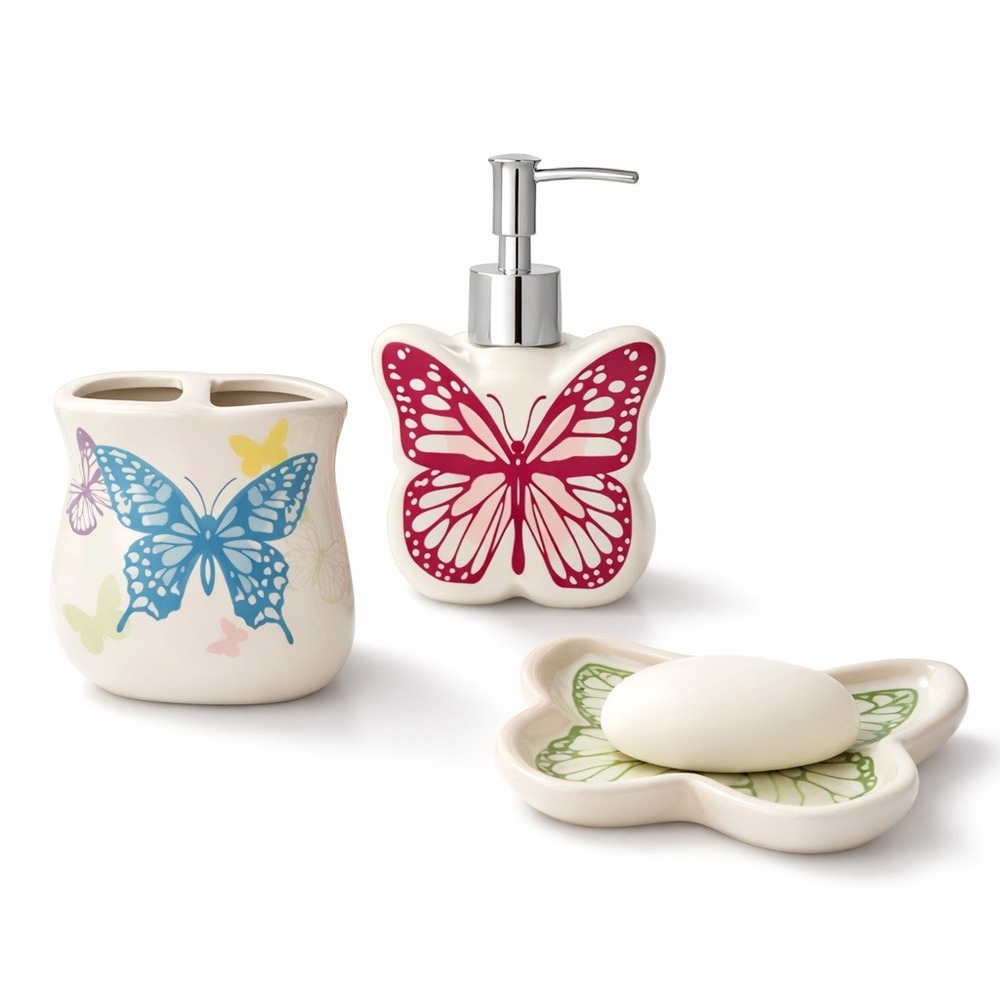 Butterfly Ceramic Bathroom Set – Soap Pump, Toothbrush Holder‎ & Dish